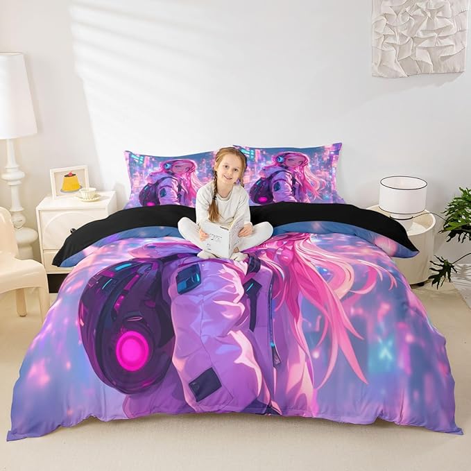 Erosebridal Anime Girl Twin Comforter Set Japanese Style 3D Anime Down Comforter for Kids Girls Boys Room Decor,Sci Fi Style Gaming Bedding Set Hot Pink Colorful Bed Duvet Insert
