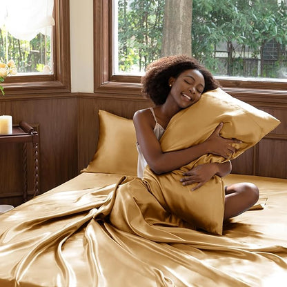 CozyLux Satin Sheets Full Size Sheets - 4 Piece Silky Full Size Bed Sheets, Luxury Gold Full Bed Set with Smooth and Soft Microfiber, Includes 1 Fitted Sheet, 1 Flat Sheet and 2 Pillowcases