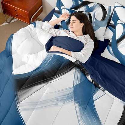 Erosebridal Abstract Navy Blue 7 Piece Comforter Set King Bed in A Bag Geometric Minimalist Lines Bedding Set Modern Ink Painting Stripes Quilt Simple Aesthetic Fashion Neutral Sheet Set for Men