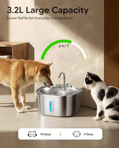 PEKTACO Cat Water Fountain, 3.2L/108oz Stainless Steel Pet Water Fountain | Cat drinking fountain, dishwasher safe, with triple filtration, quiet pump, and visible water window for cats and small pets