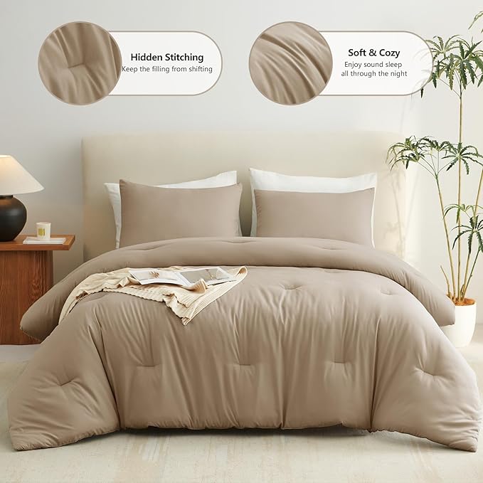 CozyLux King Size Comforter Set Taupe, 3 Pieces Solid Comforters King Size Breathable Quilted Bedding Sets, Luxury Soft Lightweight Bed Set with Down Alternative Comforter and 2 Pillowcases All Season