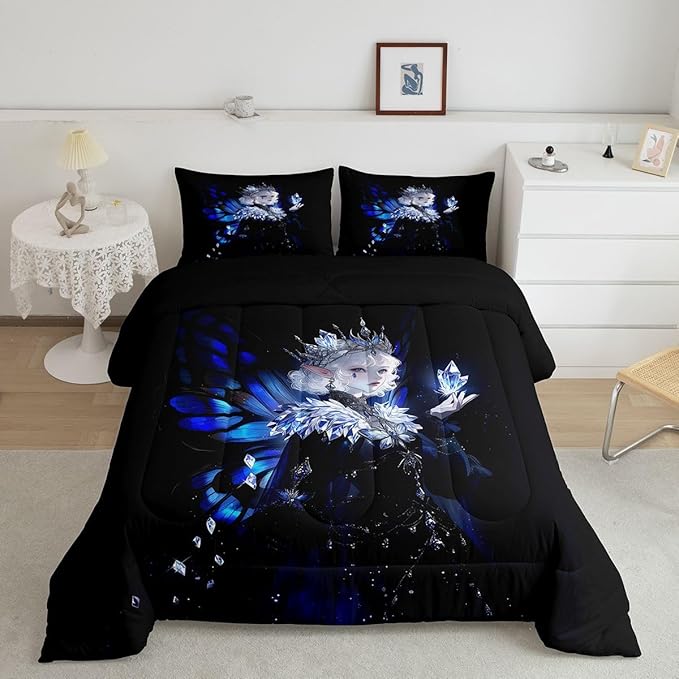 Erosebridal Gothic Girls Comforter Set for Kids Boys Girls A Girl Wearing A Crown Bedding Butterfly Diamond Feather Print Duvet Set Coquette Princess Comforter Queen with 2 Pillowcases
