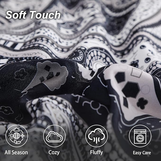 Black Paisley Comforter Set California King Size, 7 Piece Bed in a Bag Black Gray Boho Paisley Pattern Comforter Set, Soft Lightweight Microfiber Reversible Bedding Set for All Season (106''x96'')