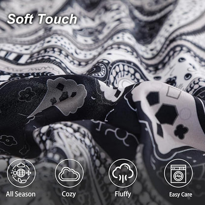 Black Paisley Comforter Set California King Size, 7 Piece Bed in a Bag Black Gray Boho Paisley Pattern Comforter Set, Soft Lightweight Microfiber Reversible Bedding Set for All Season (106''x96'')