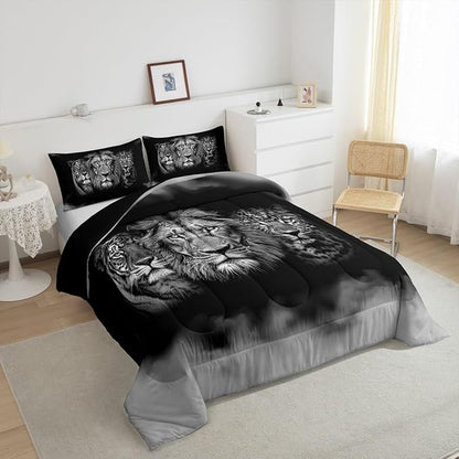Wild Animals Comforter Set Queen Size Tiger Lion Leopard 3D Bedding Set 3pcs for Kids Boys Men Home Room Decor,Black White Smog Quilt Set Modern Microfiber Duvet Insert with 2 Pillowcases
