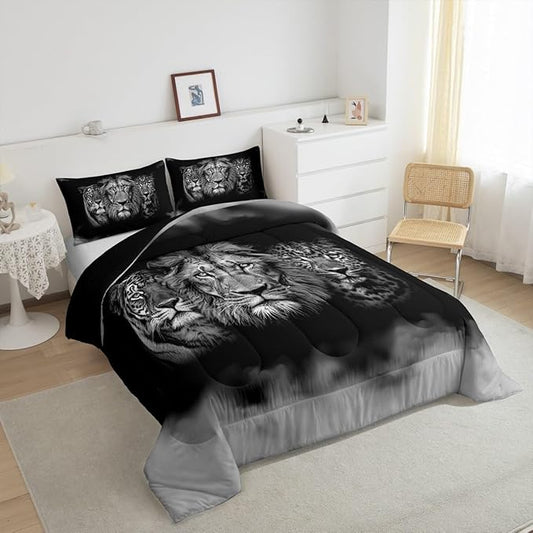 Wild Animals Comforter Set Queen Size Tiger Lion Leopard 3D Bedding Set 3pcs for Kids Boys Men Home Room Decor,Black White Smog Quilt Set Modern Microfiber Duvet Insert with 2 Pillowcases