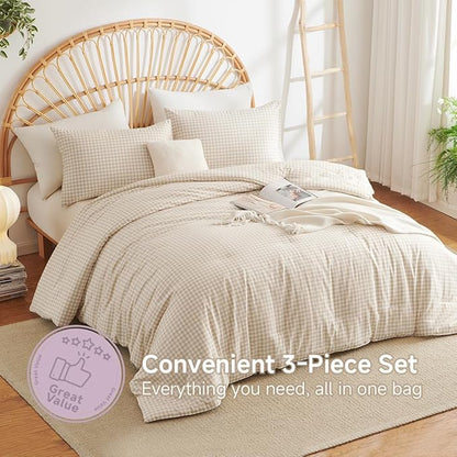 Gingham Comforter Set Queen Size - 3 Pieces Beige White Gingham Comforter Bedding Sets Checkered Pattern,Queen Bed in a Bag with Plaid Comforter and 2 Pillowcases