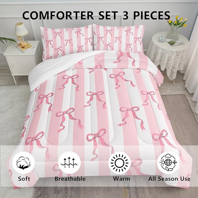 Pink Bowknot Girls Comforter Set Twin Size,Kawaii Cartoon Geometric Bedding for Kids,Girls Bedroom Room Decor,3Pcs Bow Pink Striped Princess Romantic Comforter Set 1 Quilt 2 Pillowshams