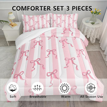 Pink Bowknot Girls Comforter Set Queen Size,Kawaii Cartoon Geometric Bedding for Kids,Girls Bedroom Room Decor,3Pcs Bow Pink Striped Princess Romantic Comforter Set 1 Quilt 2 Pillowshams