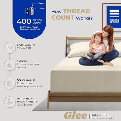 THREAD SPREAD 100% Cotton King Size Pillow Cases Set of 2 - Luxury 400 Thread Count Pillow Cases King Size (Ivory), Soft Cooling Breathable & Durable Sateen Weave Hotel Quality Cotton Pillowcases