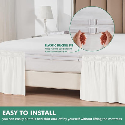 Biscaynebay Wrap Around Bed Skirts with Split Corners for Queen Beds 17" Drop, Ivory Elastic Dust Ruffles Adjustable Easy Fit Wrinkle & Fade Resistant Silky Luxurious Fabric Machine Washable