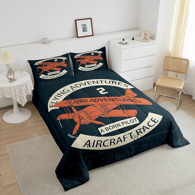 Retro Aircraft Twin Size Down Comforter Set,Vintage Airplane Orange Painting Duvet/Quilt Set Soft Bed Collection,Flying Adventure Helicopter Bedding Comforter for Boys Girls Bedroom,2 Pcs