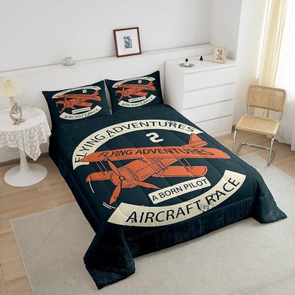 Retro Aircraft Comforter Set King,Vintage Airplane Orange Painting Bedding Set for Boys Girls Teens Bedroom Decor,Flying Adventure Helicopter Quilt Set Super Soft Duvet Set,Gift for Her Him
