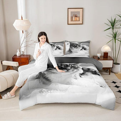 Erosebridal Cat Comforter Set Toddler Size Cute Kitten Quilt Insert for Kids Men Women Kawaii Beard Animal White Grey Comforter Warm Soft Bedding Set