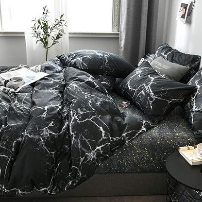 CLOTHKNOW Black White King Size Comforter Set 3Pcs Marble Bedding Comforter Sets All Season Black Comforter Abstract Comforter with 2 x Pillow Cases