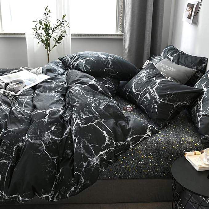 Luxlovery Black Marble Comforter Set Queen Black Marble Bed Set Full Cotton Comforter Cozy Beathable Soft Black and White Marble Quilts Blanket Modern Comforter Set