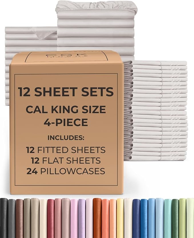 Bulk Case Pack of 12 Sheet Sets - (12) Complete Sheet Sets - Bulk Cal King Bedding - Wholesale Case Pack for Hotels & Airbnbs - Deep Pocket & Wrinkle Free - Cooling & Breathable - Cal King, Light Grey