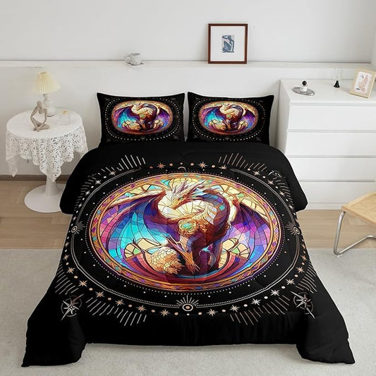 Feelyou Dragon Comforter Set King Size Dragon Stuff Comforter for Boys Girls Teens Wild Life Bedding Set Dragon Decor Duvet Set Room Decor Black Yellow Quilt Set