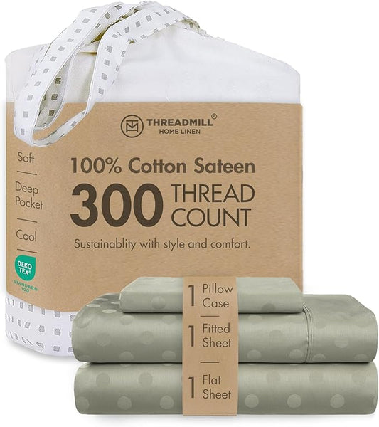 Threadmill Cotton Twin XL Sheet Set | 100% Cotton Sheets for Twin XL Size Bed | Damask Jacquard Sateen Twin XL Bed Sheets Set with 16” Deep Pocket | Soft Breathable 3 pc Cooling Sheet Set | Sage Green