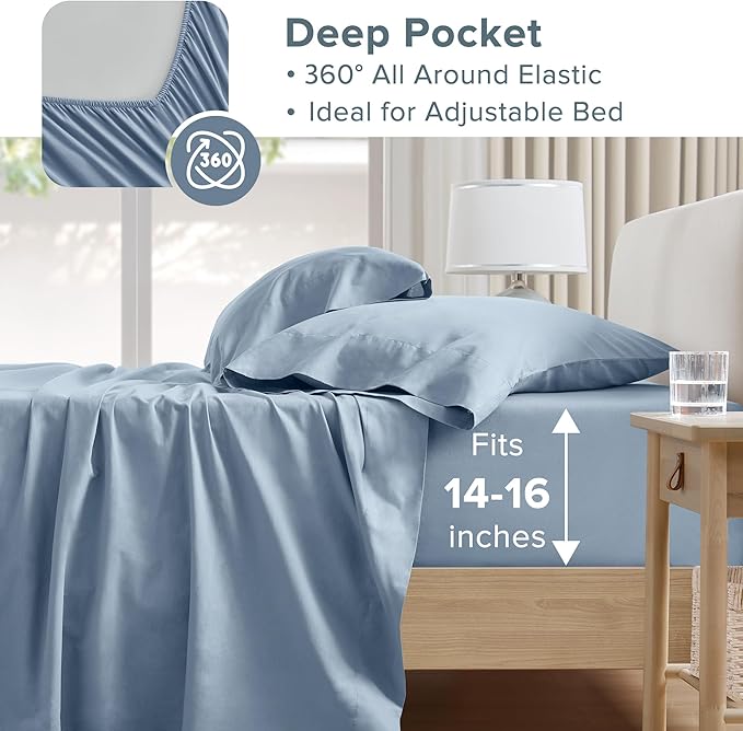 Comfort Spaces 100% Cotton Sheet Set Breathable, Lightweight, Soft with 14" Elastic Pocket Fits up to 16" Mattress, All Season Cozy Bedding, Matching Pillow Case, Queen Blue 4 Piece