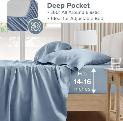 Comfort Spaces 100% Cotton Sheet Set Breathable, Lightweight, Soft with 14" Elastic Pocket Fits up to 16" Mattress, All Season Cozy Bedding, Matching Pillow Case, King Blue 4 Piece