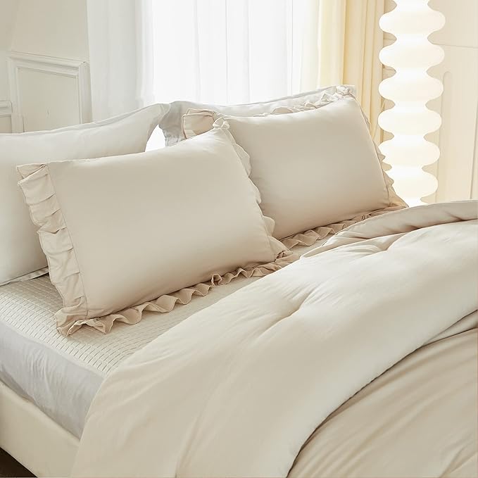 Litanika Comforter Twin Size Set Beige, 2 Pieces Ruffle Lightweight Bedding Comforter Set, Fluffy Bed Set (66x90In Comforter, 1 Pillowcase)