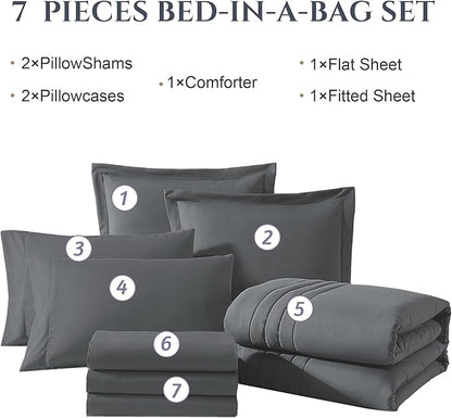 Monbix Super King Plus Size Comforter Set - 7 Pieces Bright Gray Bed in a Bag Super King Plus Bedding Sets with Comforters, All Seasons Comforter Bed Set with Sheets,Pillowcases & Shams