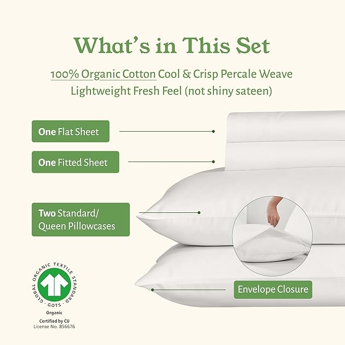California Design Den Sheets Queen Size Bed Set - Soft 100% Organic Sheets with Deep Pockets, Crisp Percale, Breathable and Durable Bedding Set - True Ivory