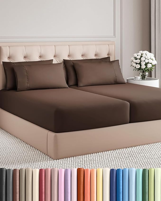 Split King 7 Piece Sheet Set - Comfy Breathable & Cooling - Ultra-Soft Hotel Luxury Bedding Set w/ 8-16 Inch Deep Pockets - 1 Flat & 2 Fitted Sheet & 4 Pillowcases - Wrinkle Free & Easy Care - Brown