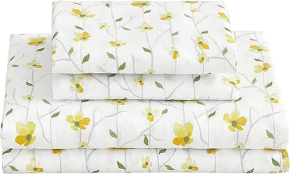 Softan King Sheet Set Yellow Floral Bed Sheets Printed Sheets - 4 Piece Soft Microfiber Patterned Fitted Sheets King with 15" Deep Pocket and Corner Straps, Cute Yellow Flower Sheets & Pillowcase Set