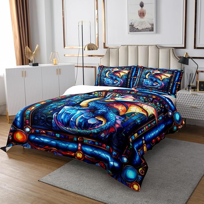 Western Dragon Men Bedspread King Size,Blue Flying Glass Dragon Wing Trippy Coverlet Set,Boys Girls Room Decor,Geometric Patchwork Abstract Quilted Coverlet,Gothic Chic Bedding Quilt,2 Pillowcases