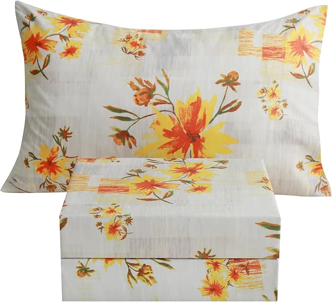 JSD Fall Floral Sheet Set Twin Size, 3 Piece Yellow Printed Microfiber Bedding Sheets Extra Deep Pocket