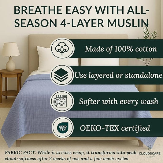 CLOUDSCAPE 100% Cotton 4 Layer Muslin Blanket Queen Size, Oversized, 92x92 Fits Upto Full Size Bed, Soft Breathable, Lightweight Layering, Summer Blanket for Adults, Spring Gift Idea- Lavender Blue