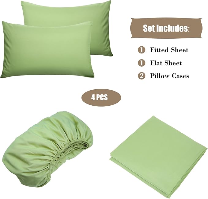 4 Piece Bed Sheet Set (Queen,Sage) 1 Flat Sheet,1 Fitted Sheet and 2 Pillow Cases,Brushed Microfiber Luxury Bedding with Deep Pockets