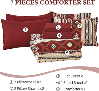 Dinjoy Boho King Size Bed in a Bag 7 Pieces,Red Comforter Set Aztec Striped Fall Bedding Set Bohemian Complete Set with Sheet Fluffy Geometric Burgundy Comforters for Women Men 90"×104"