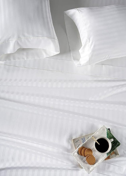LANE LINEN Striped Sheets Set - 100% Egyptian Cotton 4 Piece Bed for King Size Hotel Bedding & Pillowcases 16" Deep Pocket (Fits Upto 17" Mattress) White