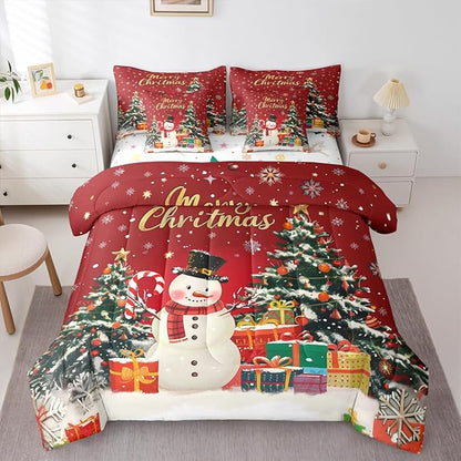 Castle Fairy Merry Christmas 7 PCS Comforter Set,Cartoon Snowman Christmas Trees Bedding Set for Kids Girls,Happy New Year Gifts Bed in a Bag with Comforter,Sheets and Pillow Cases,Queen