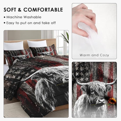 Queen Size Comforter Set with 2 Pillowcases, Highland Cow Animal 3 Pcs Bedding for Kids and Adults, Farm American Flag Soft Comforter Set for Bedroom Bed Decor