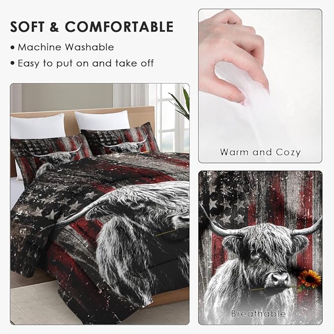 King Size Comforter Set with 2 Pillowcases, Highland Cow Animal 3 Pcs Bedding for Kids and Adults, Farm American Flag Soft Comforter Set for Bedroom Bed Decor