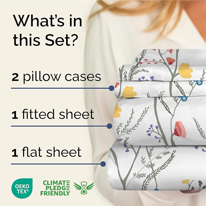 Floral Sheets - Boho King Bed Sheet Set - 1 Flat, 1 Fitted & 2 Pillowcases w/ Deep Pockets - Comfy, Wrinkle & Fade Free - Boho Botanical Bedding - Ultra-Soft, Breathable and Cooling - King Size Set