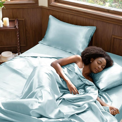 CozyLux Satin Sheets Full Size Sheets - 4 Piece Silky Full Size Bed Sheets, Luxury Light Blue Full Bed Set with Smooth and Soft Microfiber, Includes 1 Fitted Sheet, 1 Flat Sheet and 2 Pillowcases