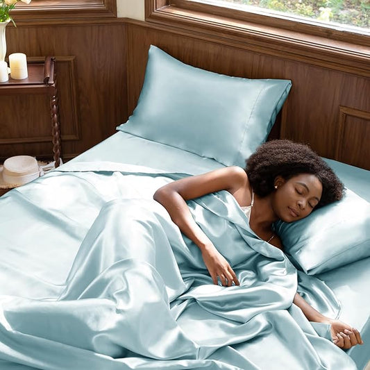 CozyLux Satin Sheets King Size Sheet Set - 4 Piece Silky King Sheets, Luxury Light Blue King Bed Set with Smooth and Soft Microfiber, Includes 1 Fitted Sheet, 1 Flat Sheet and 2 Pillowcases