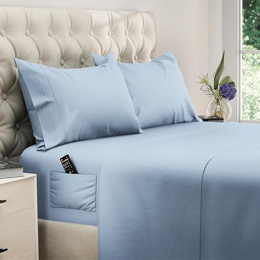 DREAMCARE Queen Size Sheets - Cooling Bed Sheets - 4pcs Set - up to 15" Deep Pocket Queen Sheet Set - Sheets Queen Size Bed - Soft & Long Lasting 100% Fine Brushed Polyester with Side Pocket - Lblue