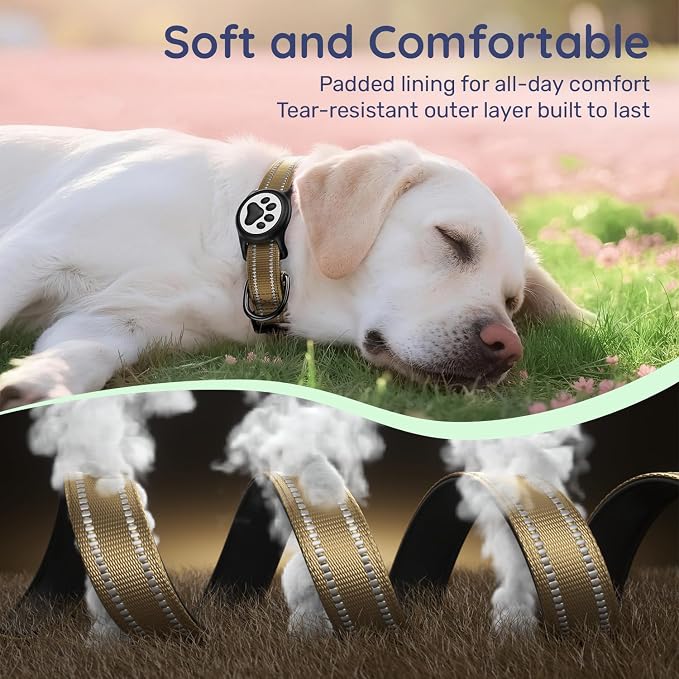 Airtag Dog Collar, Reflective Ultra-Durable Nylon Padded with QR Buckle & IP68 Waterproof Air Tag Holder Compatible for Apple AirTag, Comfortable for Small Medium Large Dogs (Brown, XS)