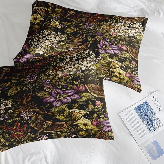 Comforter Set King Size, Vintage Flower Plants 7 Pcs Bedding for Kids and Adults, Moth Witch Bed Sheet Sets with Fitted Sheet 2 Pillowcases & 2 Shams for Bedroom Bed Decor