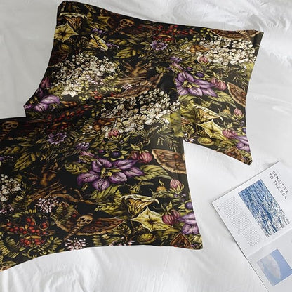 Comforter Set King Size, Vintage Flower Plants 7 Pcs Bedding for Kids and Adults, Moth Witch Bed Sheet Sets with Fitted Sheet 2 Pillowcases & 2 Shams for Bedroom Bed Decor