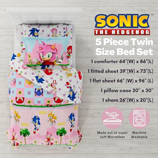 Sonic The Hedgehog Girl Anime Kids Bedding Super Soft Comforter and Sheet Set with Sham, 5 Piece Twin Size, (Official Licensed Product) by Franco