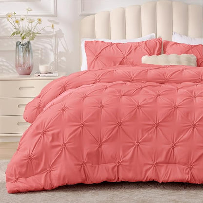 BEDELITE Coral Twin Comforter Set - 2 Peices Boho Pintuck Bedding Comforter Sets, Lightweight Soft & Warm Twin Bedding Sets with 1 Pillowcase for All Season