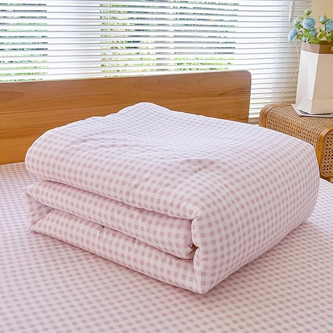NSNLGSGC Queen Comforter Set, Pink Gingham Bedding Comforter Sets, Pink Grid Bed Comforter 3 Pieces (1 Comforter, 2 Pillowcases)