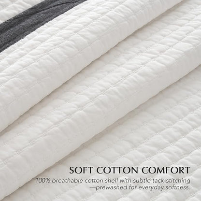 EVERGRACE Cotton Border Frame Tack-Stitch Quilt Bedding Set Queen Size, Coastal Oversized 3 Pieces Lightweight Bedspread Coverlet for All Season, with 2 Matching Shams, Washed Black